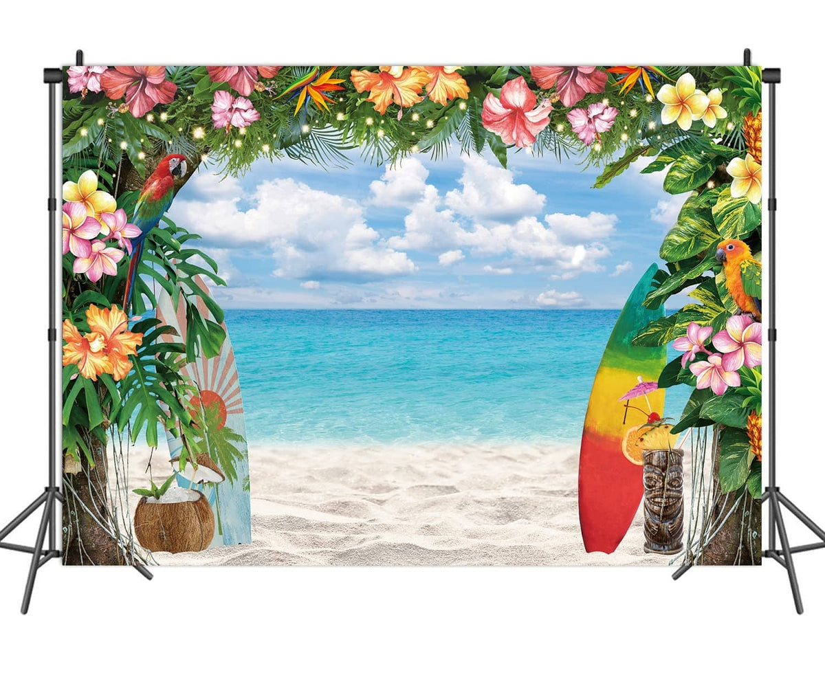 Tropical beach photography backdrop on stands with floral canopy, ocean view, sand, surfboards