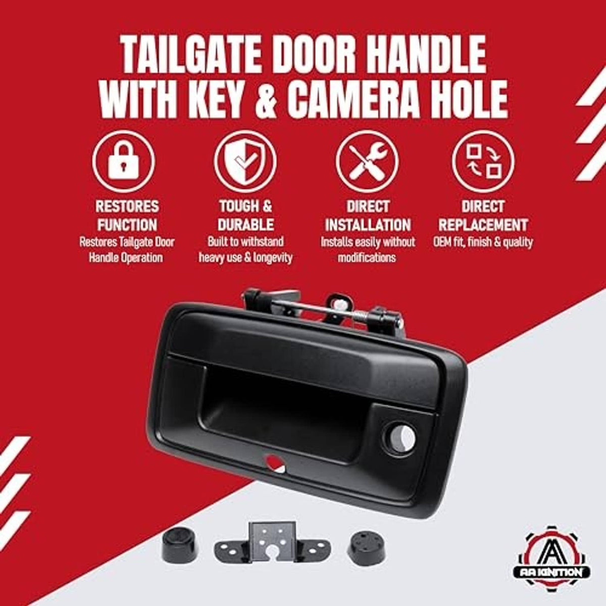 Black tailgate door handle with round backup camera hole and included pieces