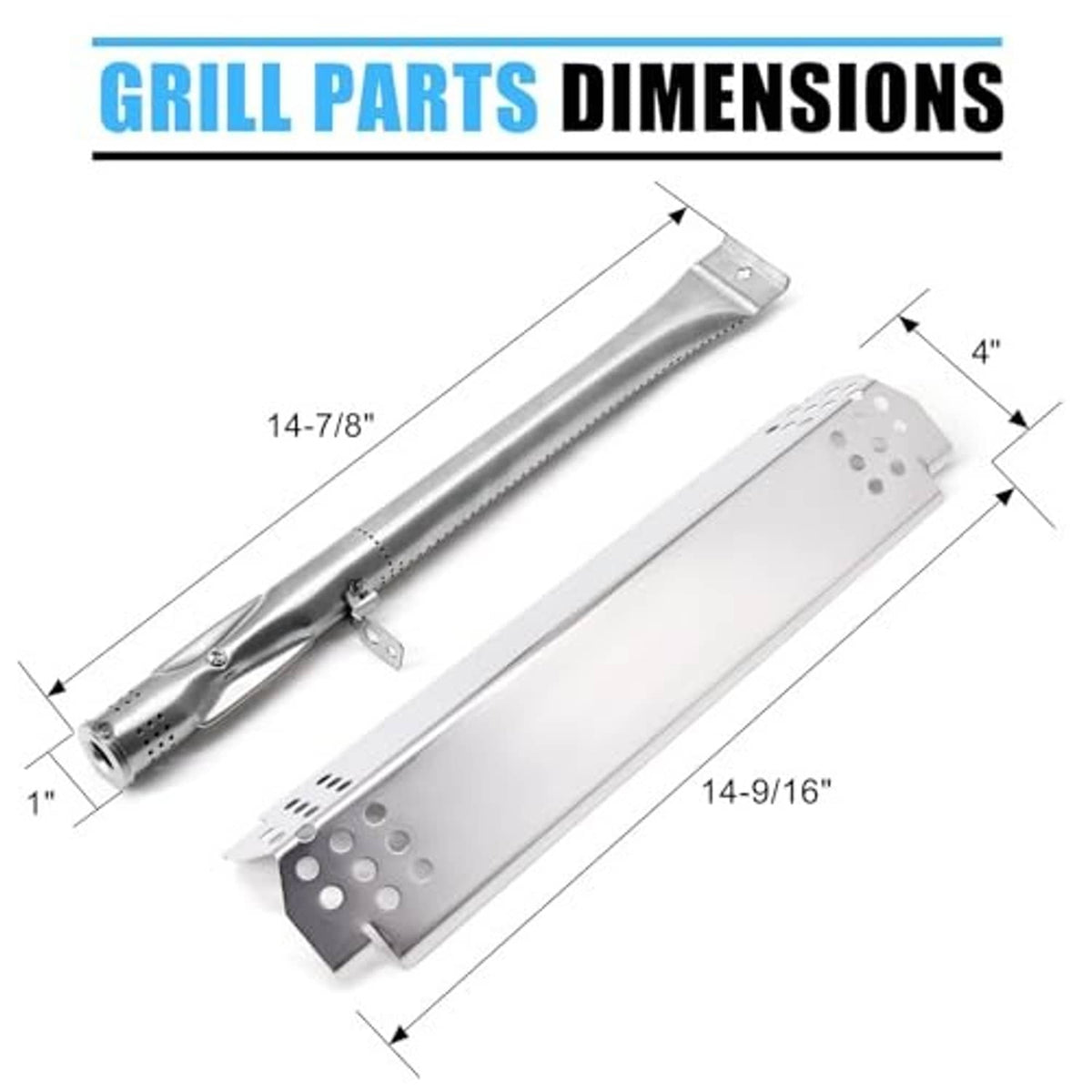 Stainless steel burner tube and mounting plate dimensions diagram for replacement kit parts