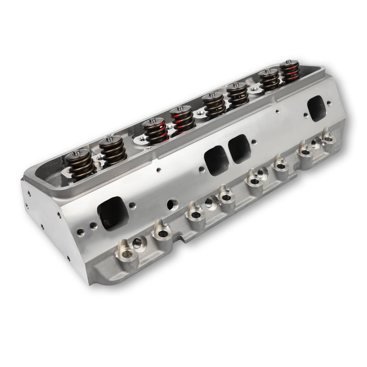 Aluminum cylinder head assembly with valve springs and rocker hardware, angled