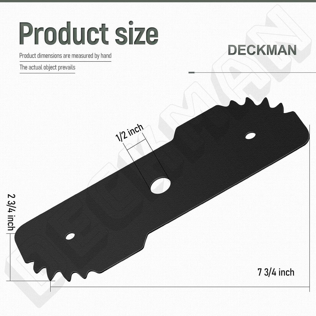 Black replacement edger blade with mounting holes and serrated edge, product size view