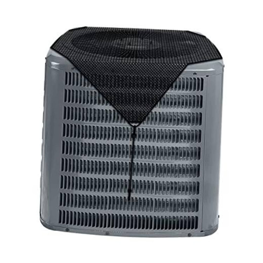 Outdoor AC unit cover with black mesh top over gray AC unit
