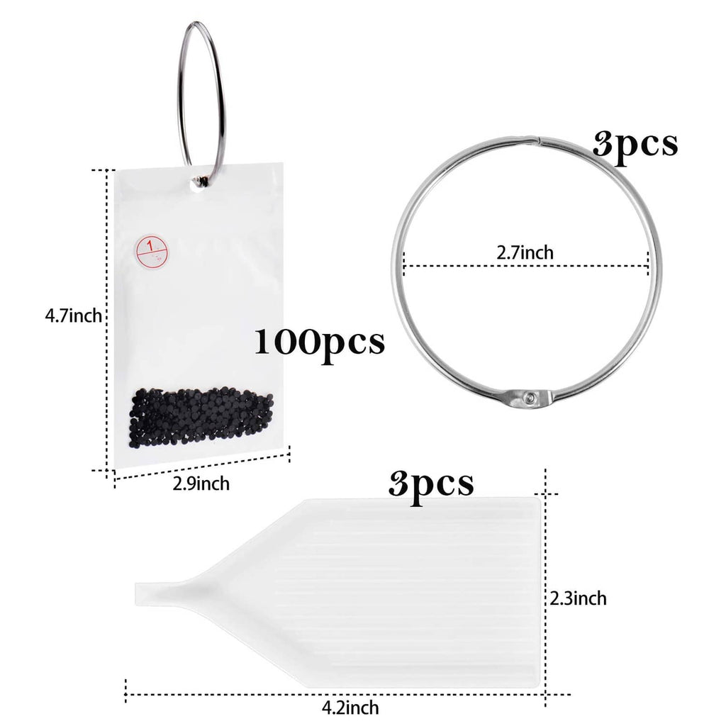 Set of white bead storage pouches with measurements: 2.9in pouch and 2.7in ring size.