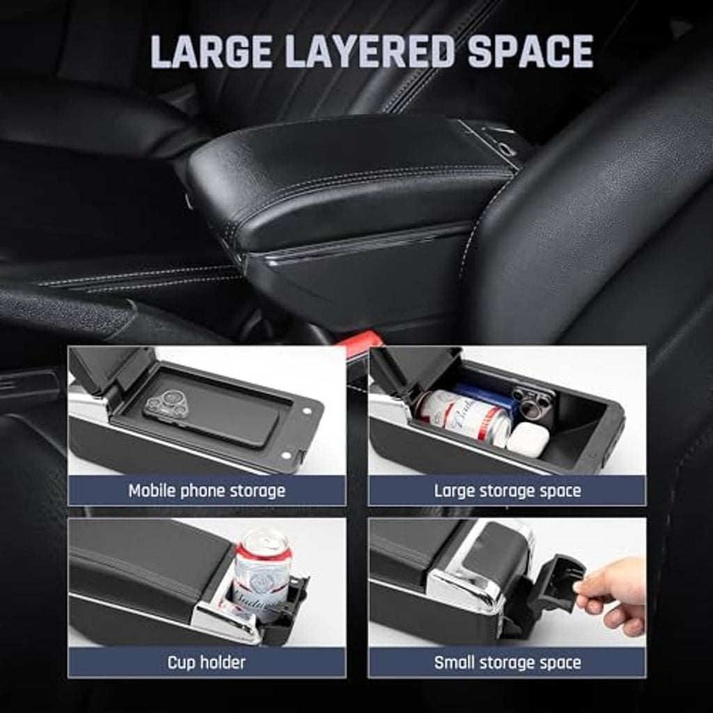 Black armrest box with layered storage spaces for phone and small items