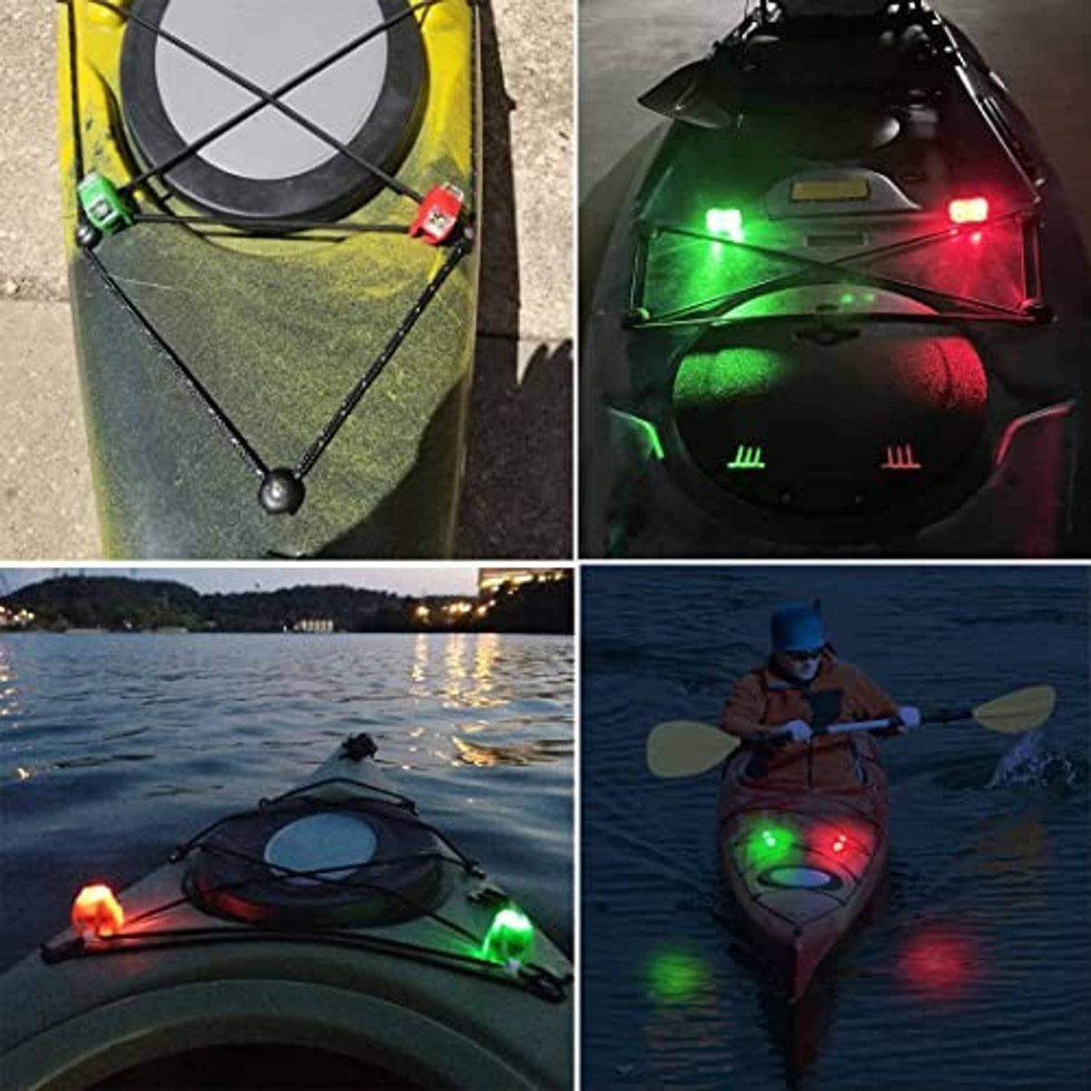 Green and red LED navigation lights on kayak, glowing near the front in low light