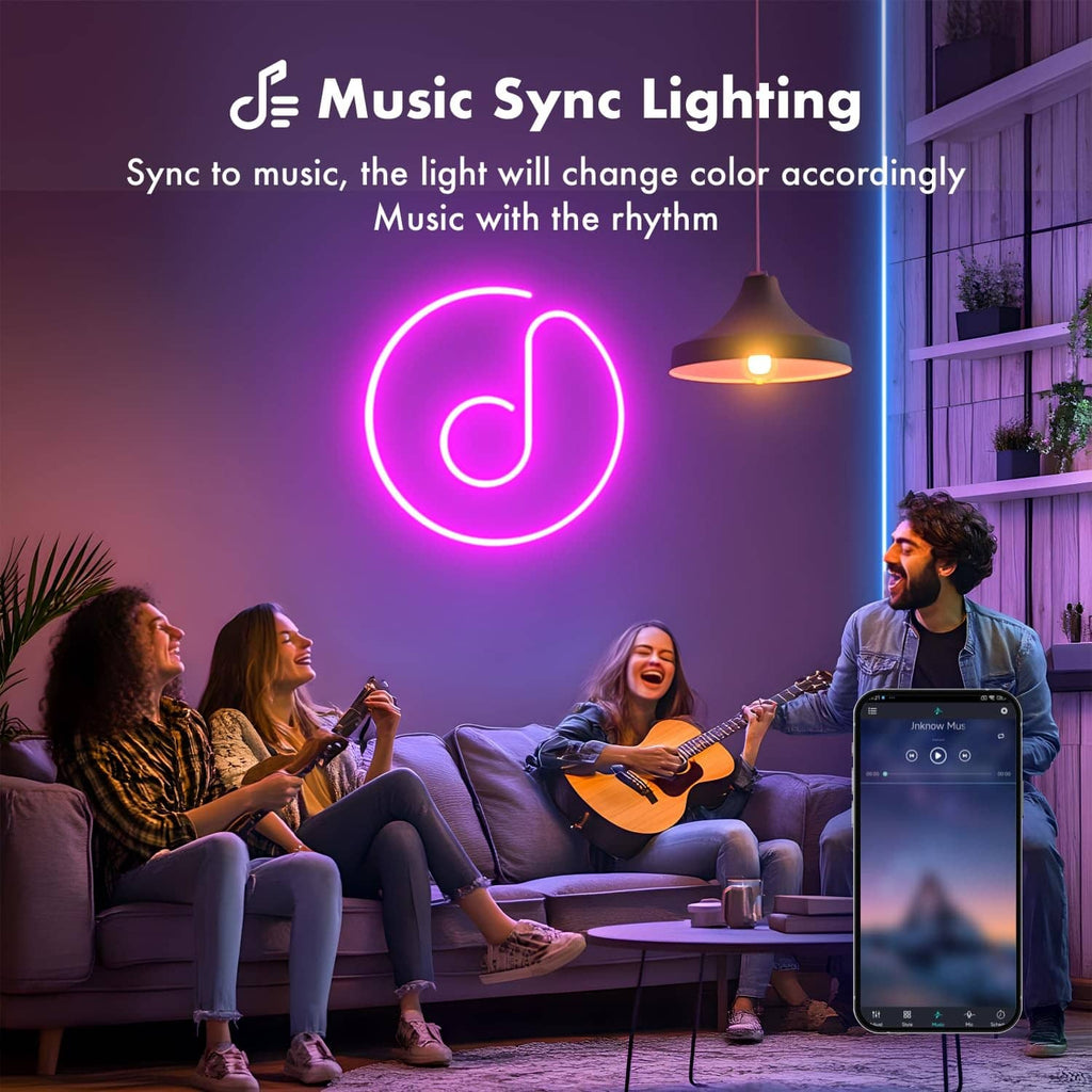 RGB LED neon rope lights with music sync; glowing note icon in pink