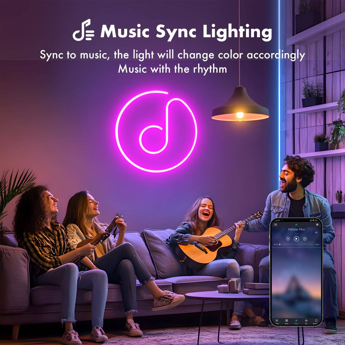 RGB LED neon rope lights with music sync; glowing note icon in pink