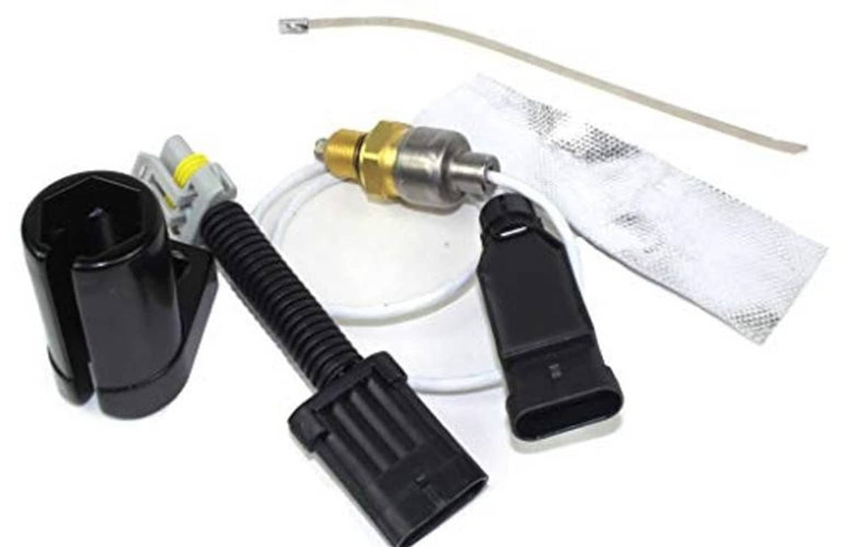 Position sensor kit components with black connectors, wire leads, and silver heat shield sleeve