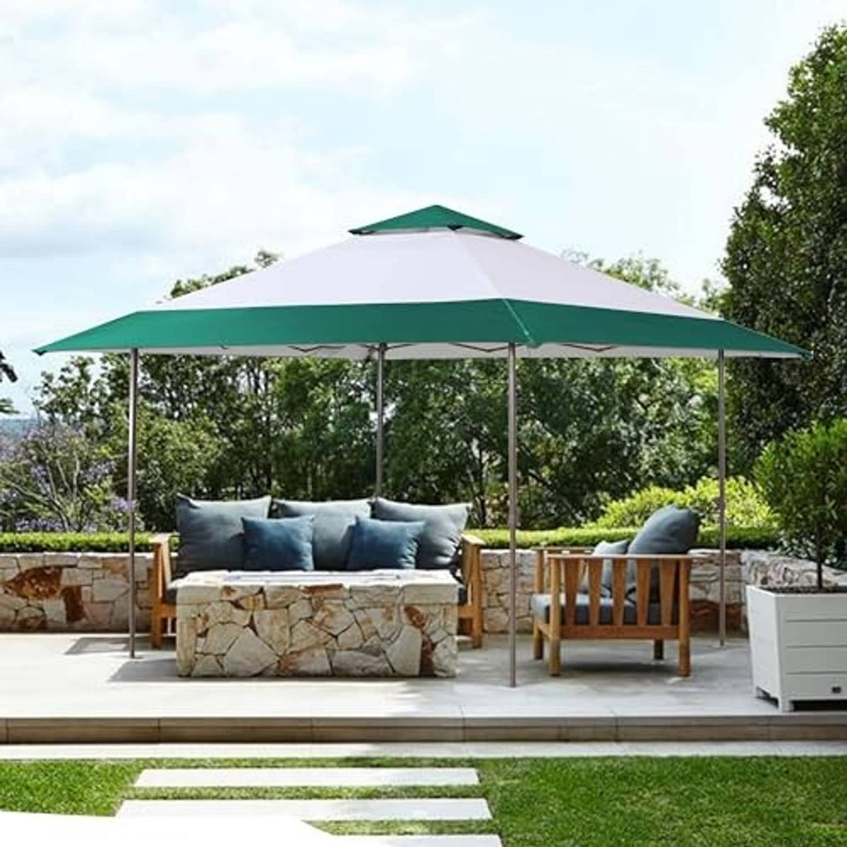 Forest green and white canopy replacement top installed over a patio gazebo