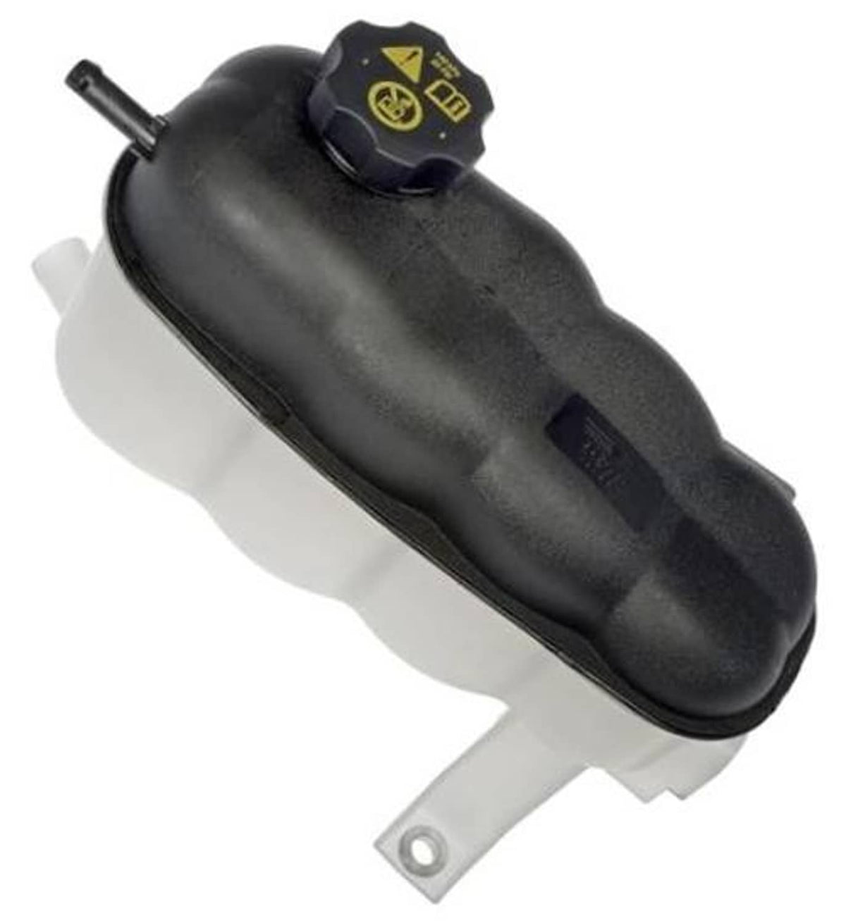 Dark gray pressurized coolant reservoir with black cap and mounting bracket