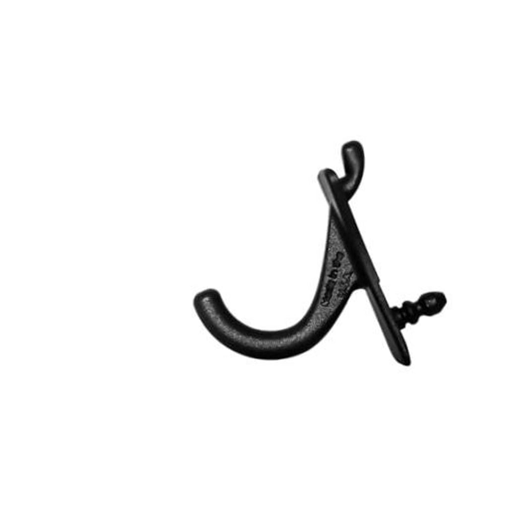 Black metal J hook with mounting screw for pegboard storage