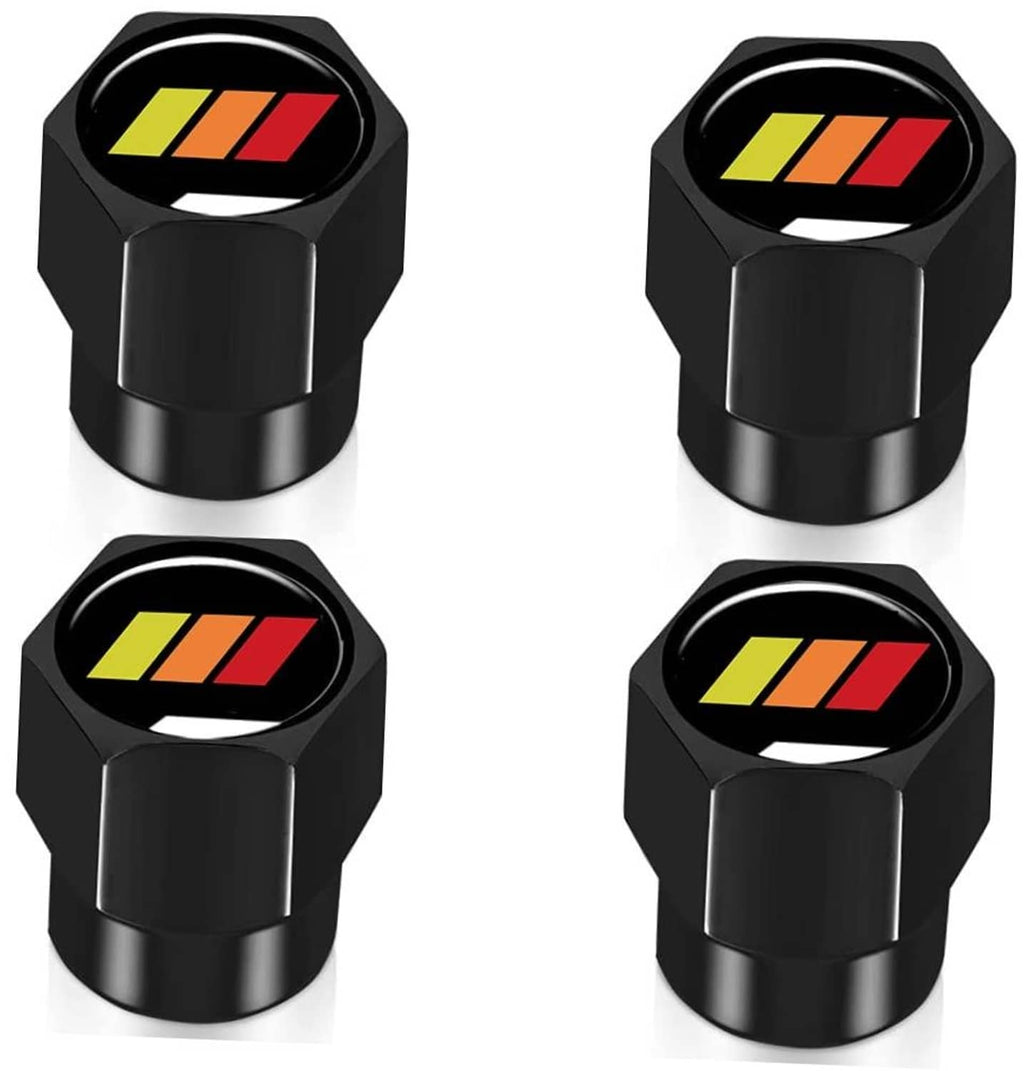 Set of four black aluminum tire valve stem caps with tricolor stripe logos
