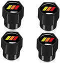 Set of four black aluminum tire valve stem caps with tricolor stripe logos