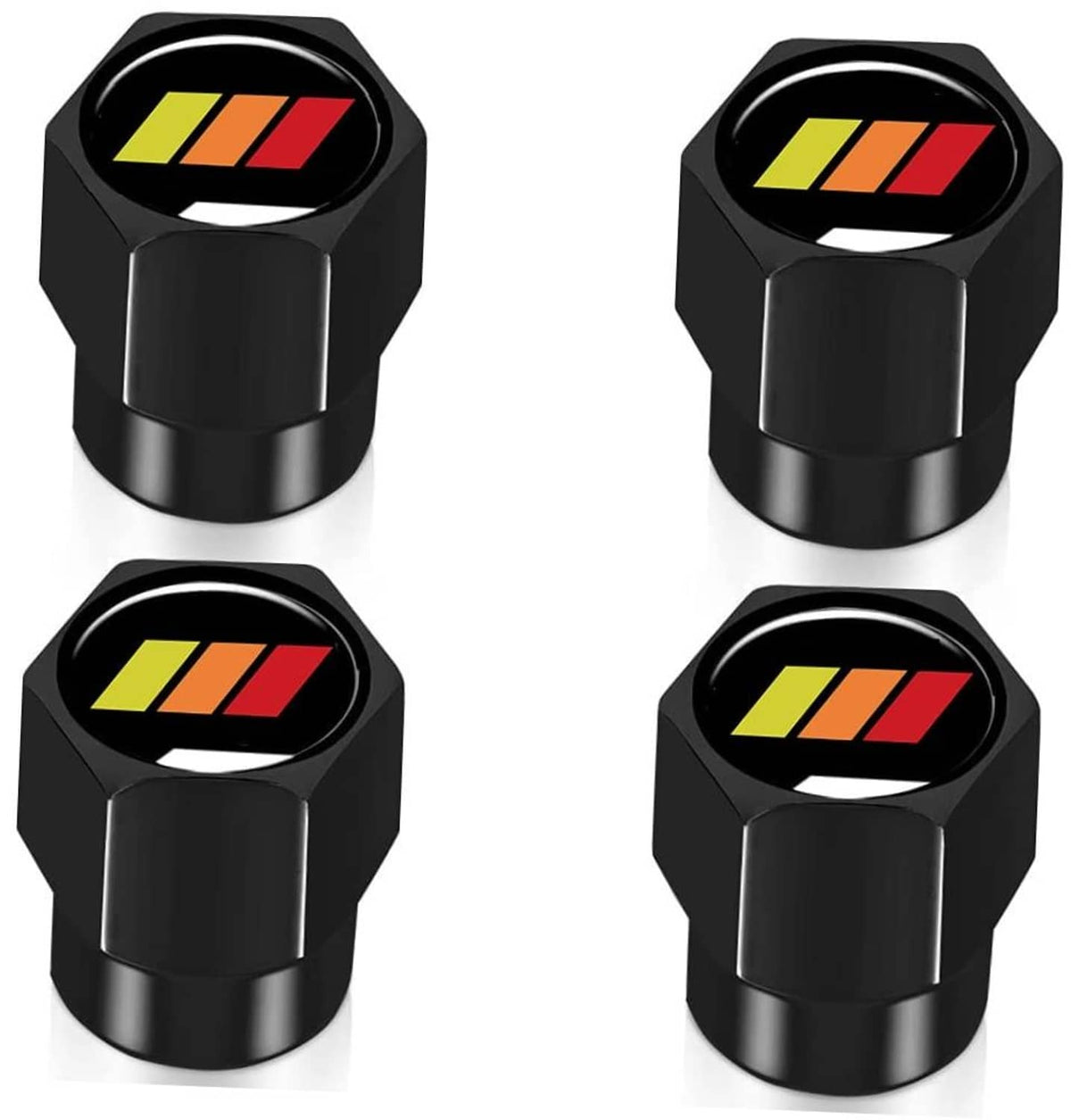 Set of four black aluminum tire valve stem caps with tricolor stripe logos