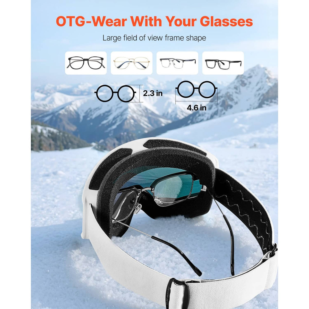 Ski goggles with wide frame foam and reflective pink-green lens, adjustable strap