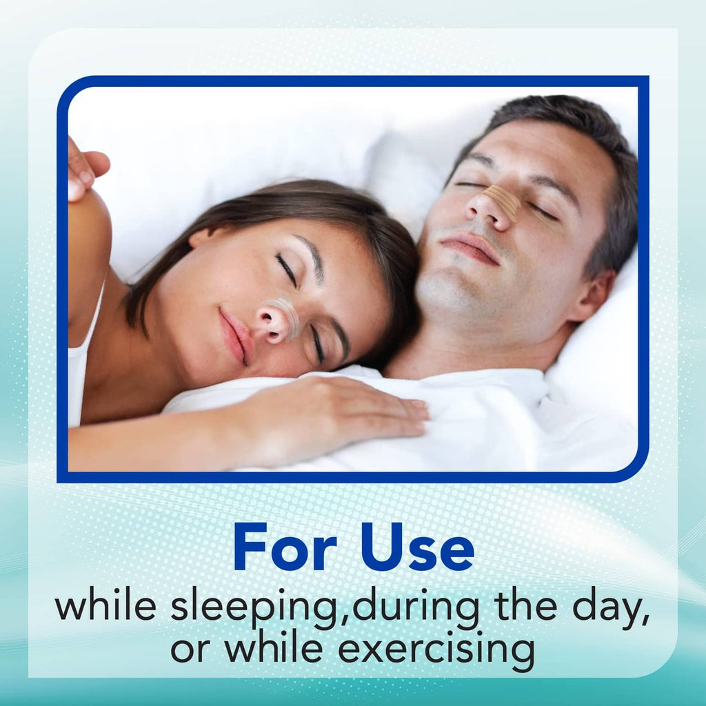 Instaclear nasal strips use graphic for sleeping, during the day, or exercising.