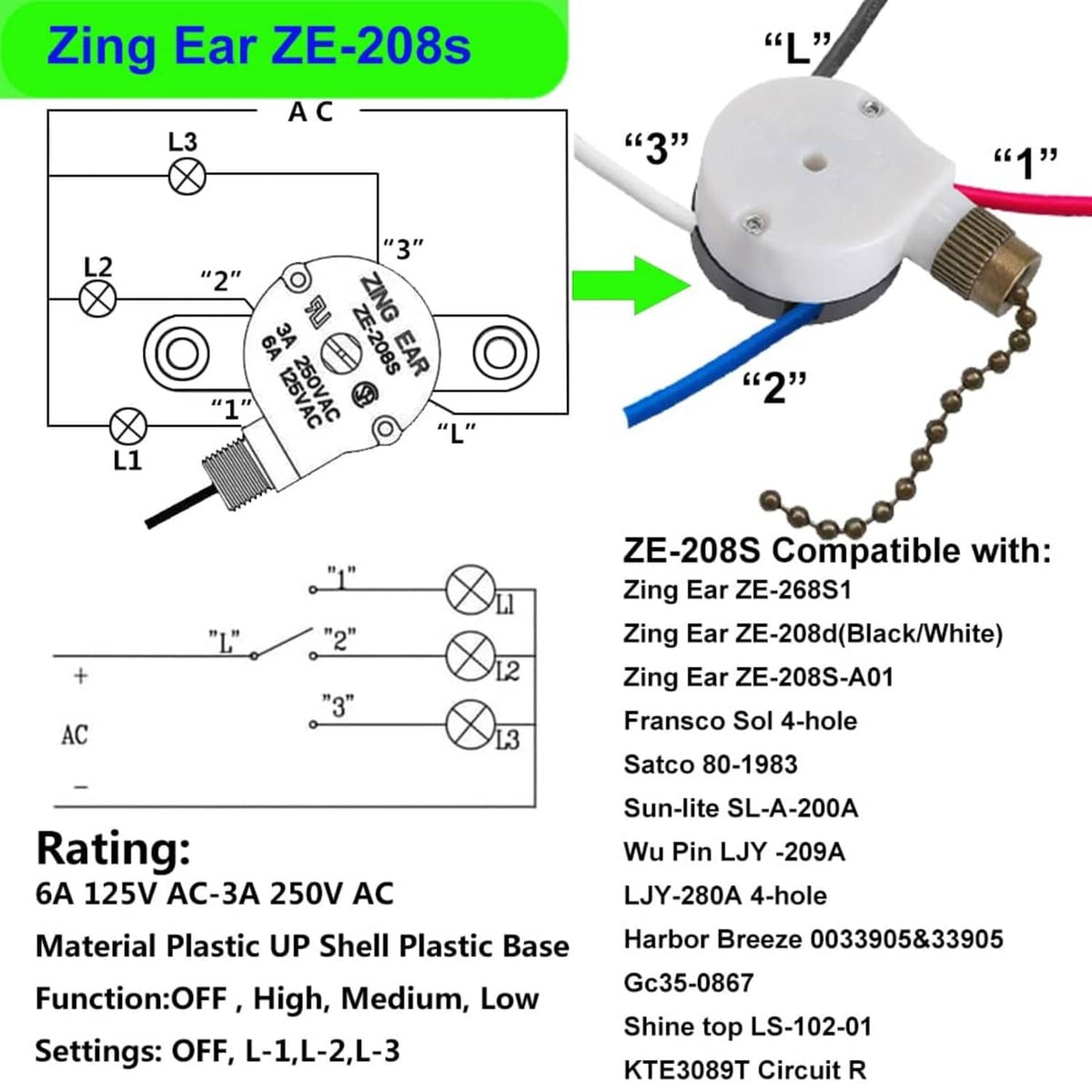 Ceiling fan pull-chain switch wiring diagram with labeled terminals and wire colors
