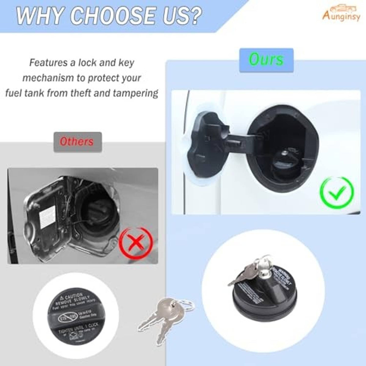 Fuel tank lock cap replacement with locking key and black cap, side-by-side display