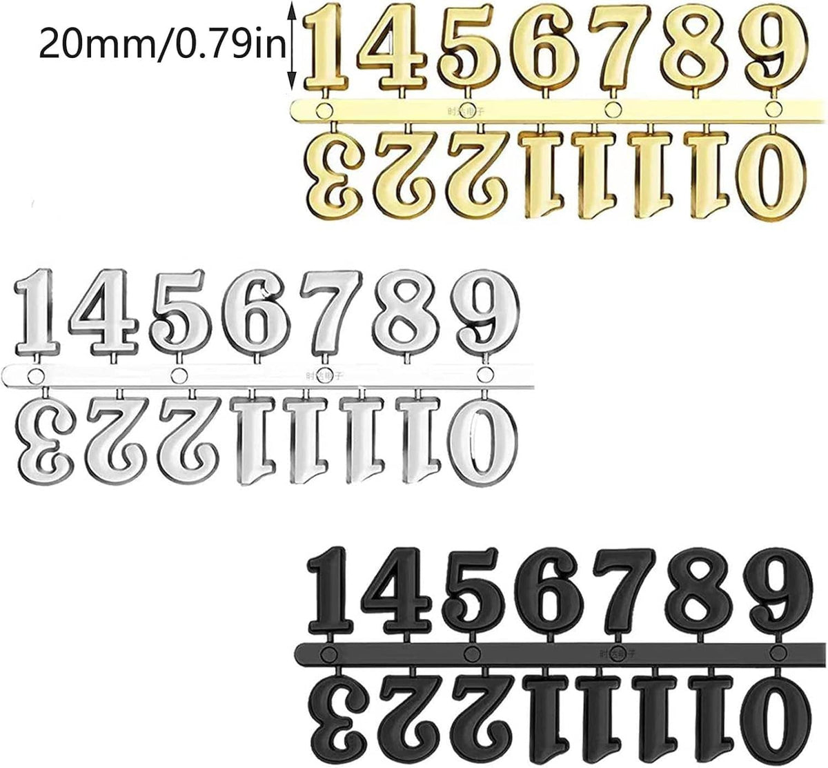 20mm clock numeral set with Arabic digits and Roman numerals in silver, gold, and black