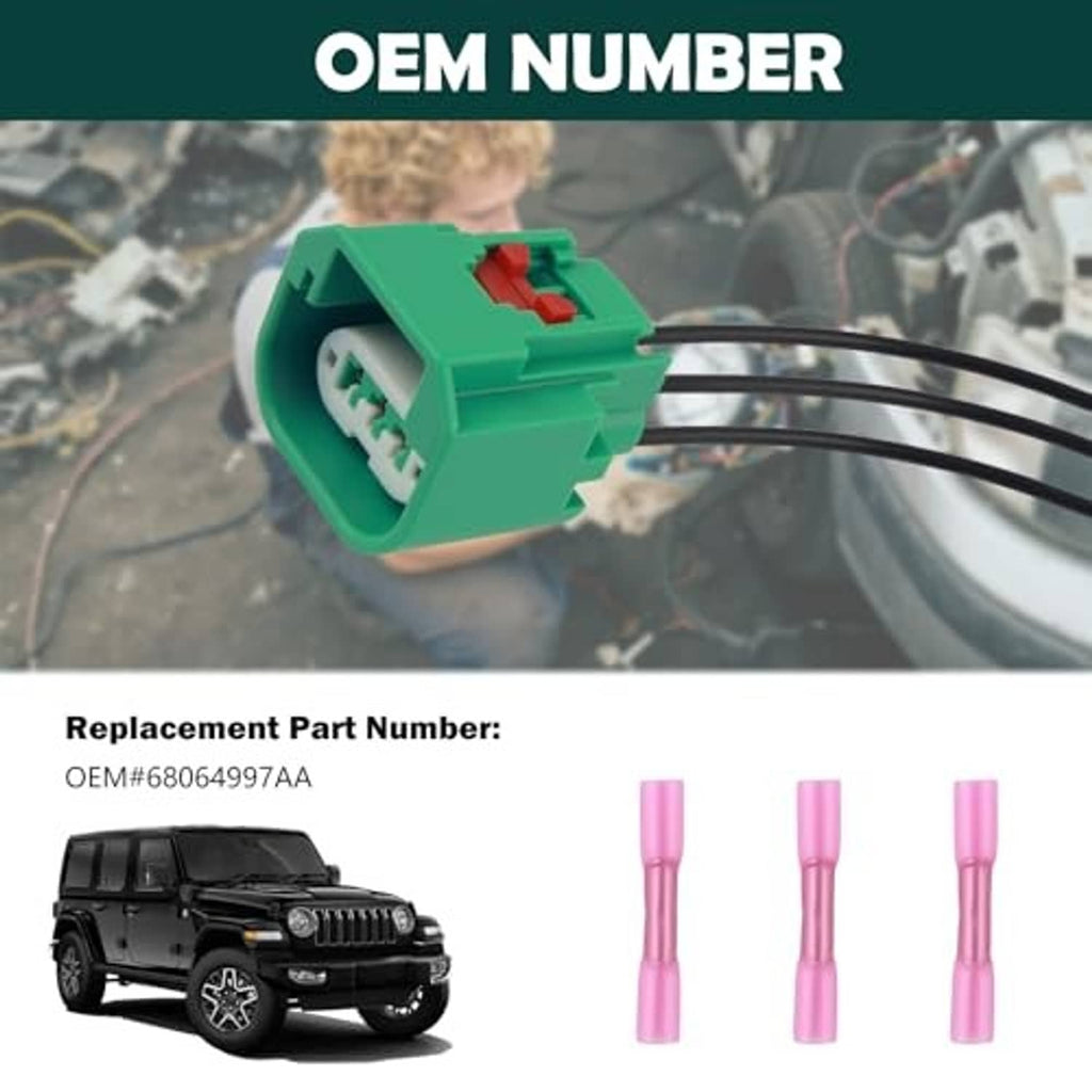 Green headlight wiring harness connector plug with black wire leads, replacement harness set