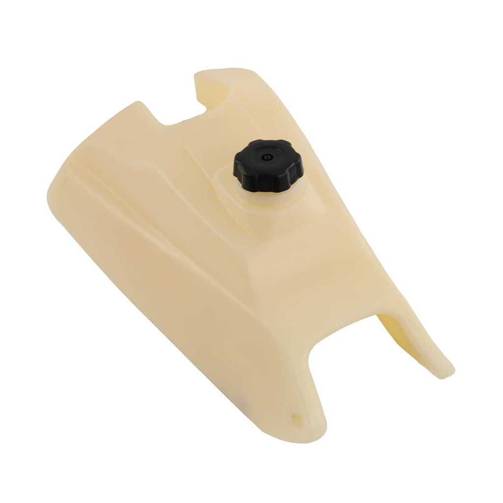 Beige plastic fuel tank with black gas cap, angled view