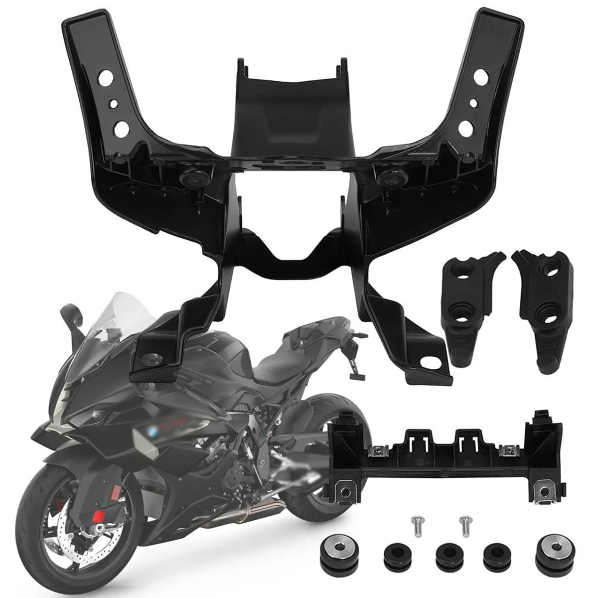 Black front headlight upper fairing stay bracket kit with mounting hardware