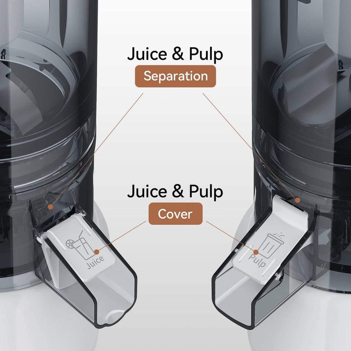 KITCHTREE juicer attachment showing juice and pulp separation covers in housing