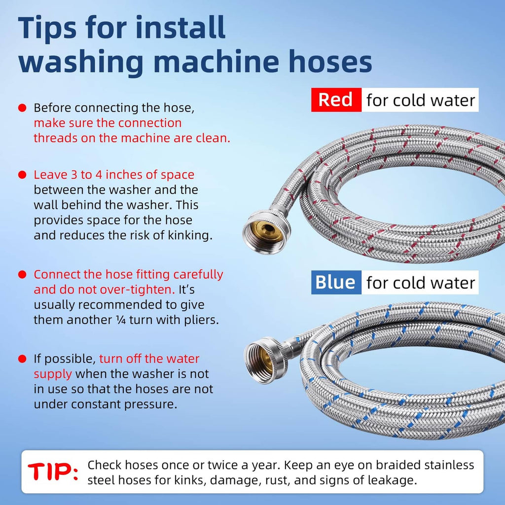 Braided stainless steel washing machine hose set with threaded couplings and nuts