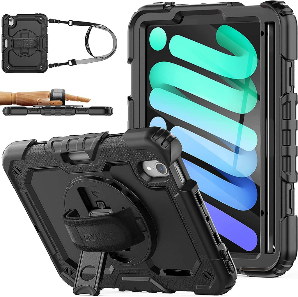 Rugged black tablet case with screen protector, hand strap, and stylus holder
