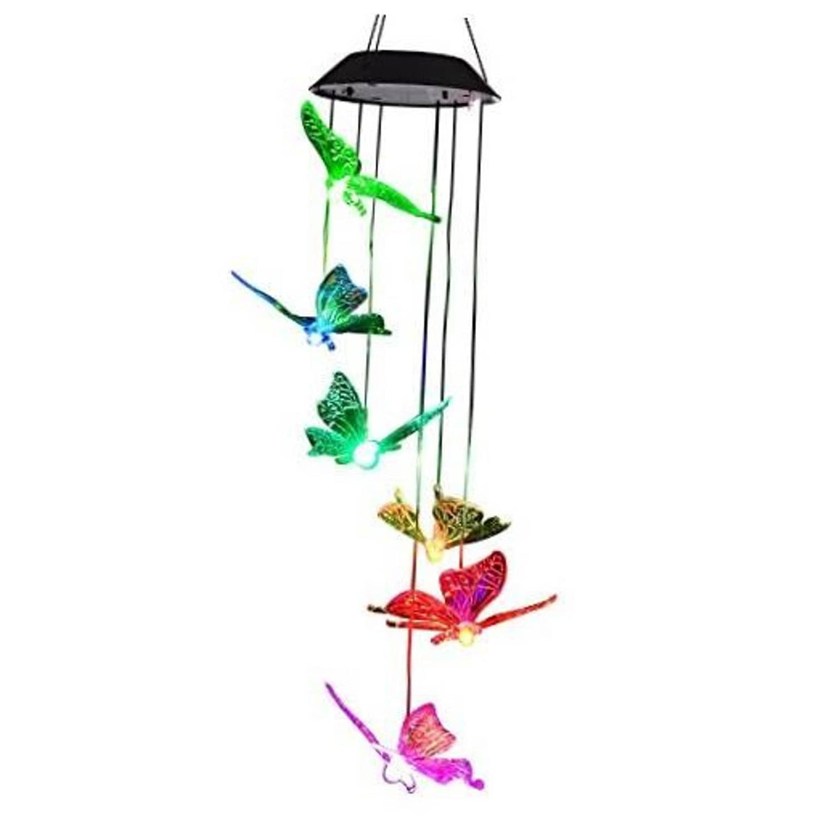 Solar wind chime with multicolor hanging butterfly mobiles and a black top lantern