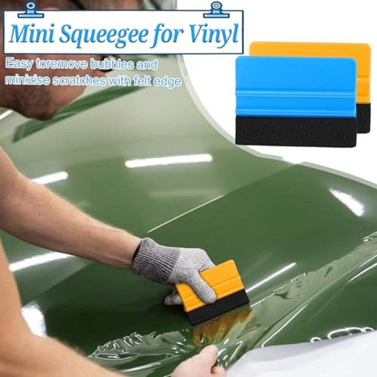 Mini vinyl squeegee with felt edge, used smoothing window film with orange and blue scraper