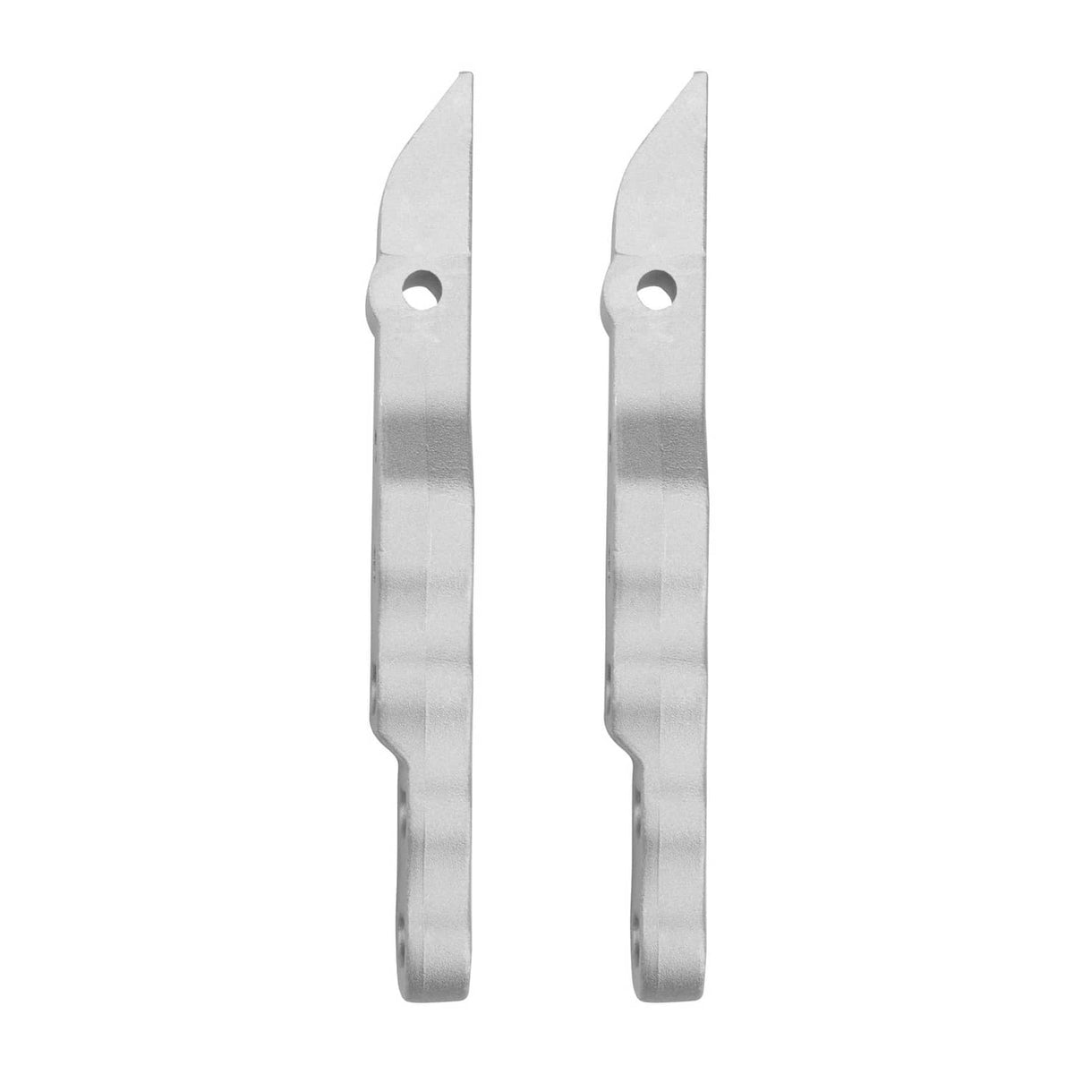 Drive control handle mount brackets, silver metal, narrow arms with a single hole each