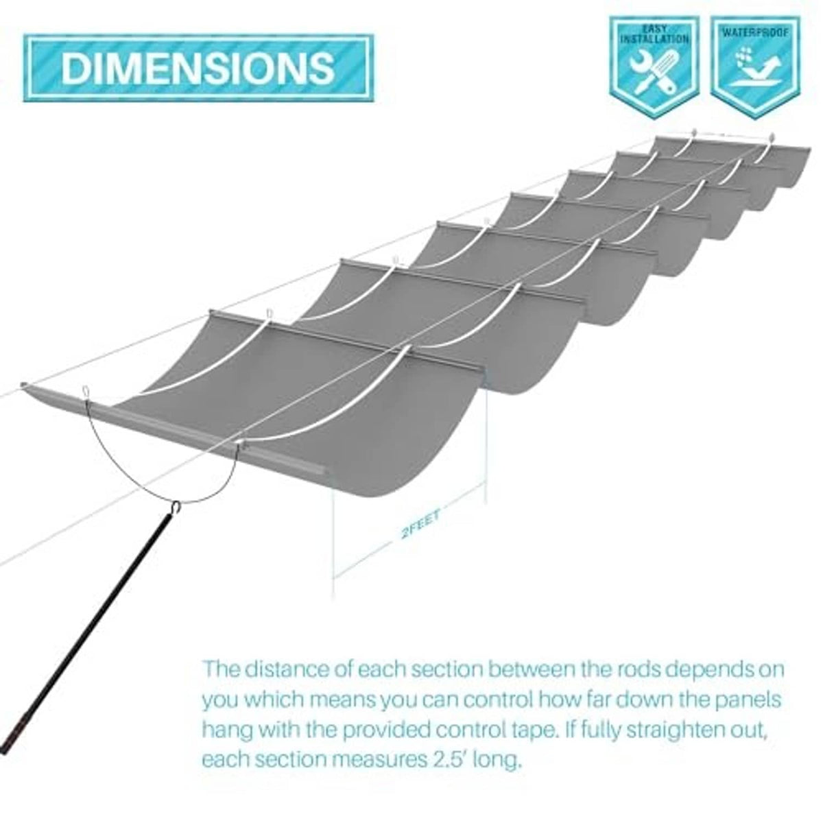 Gray retractable wave shade canopy with section rods and cable ends