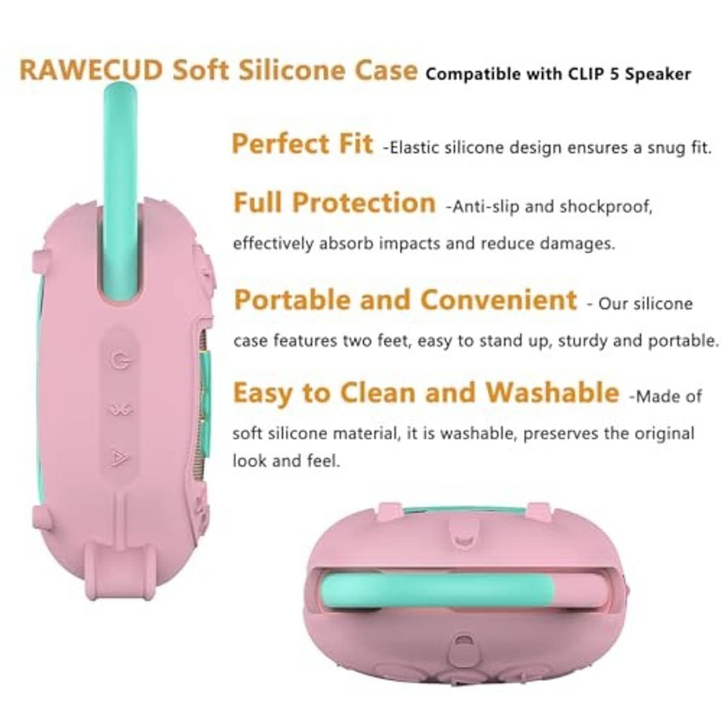 Pink silicone speaker case with two feet and side strap for easy carrying
