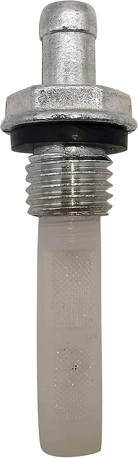 Metal-topped fuel outlet filter with black gasket ring and fine mesh screen