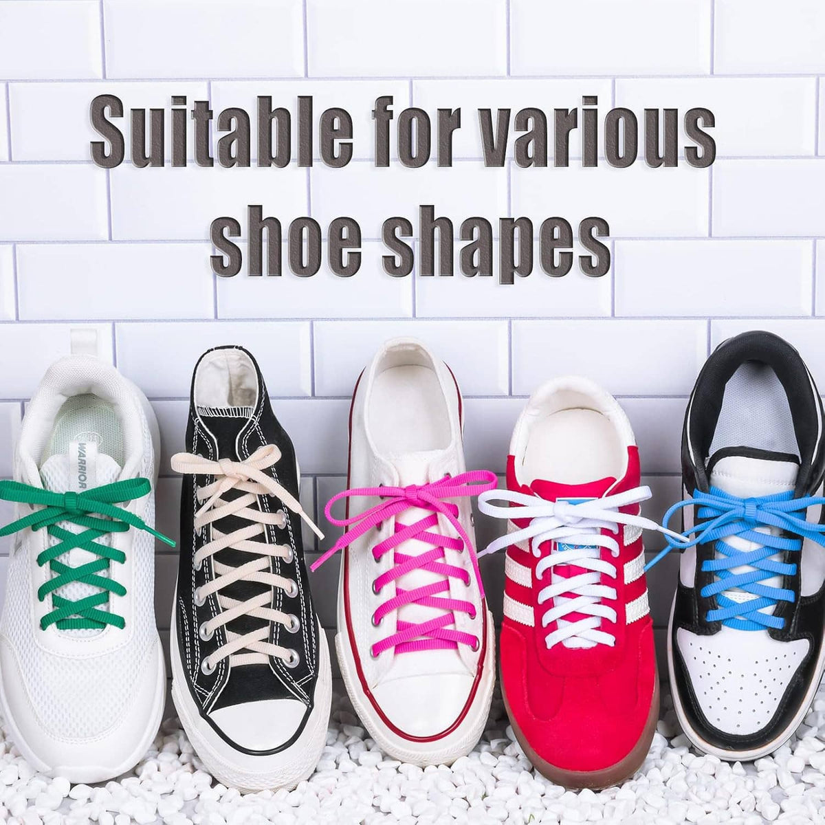 Flat shoelaces on multiple sneakers in various colors