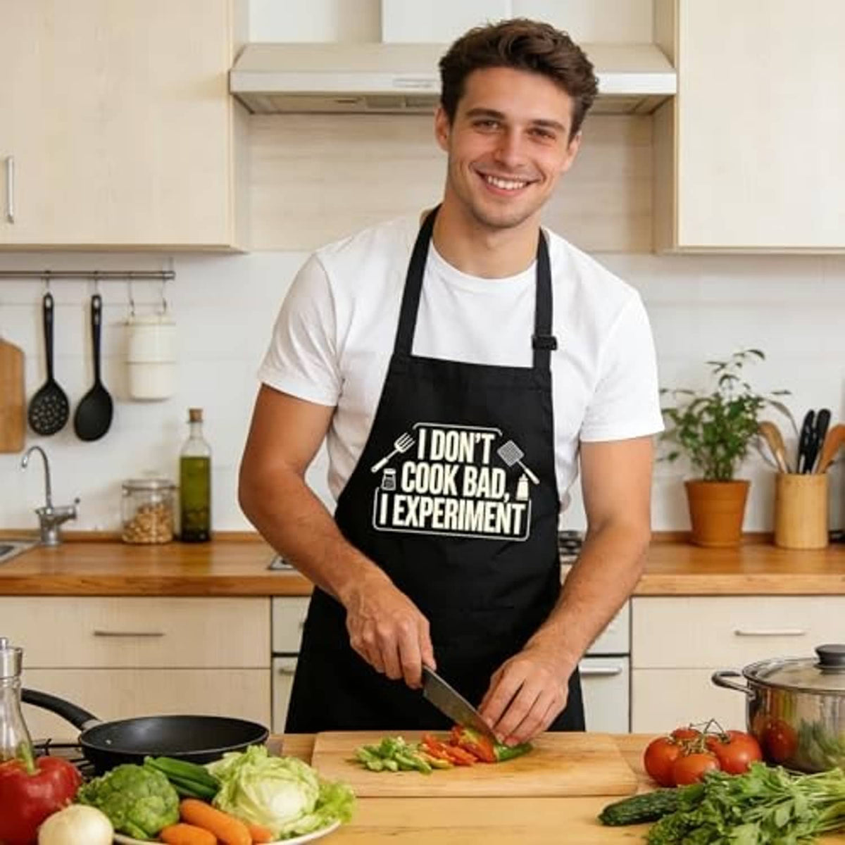 Black apron with front graphic and wide neck strap, designed with two front pockets