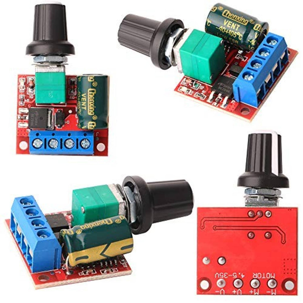 Mini DC motor PWM controller board with black knob and blue terminal blocks