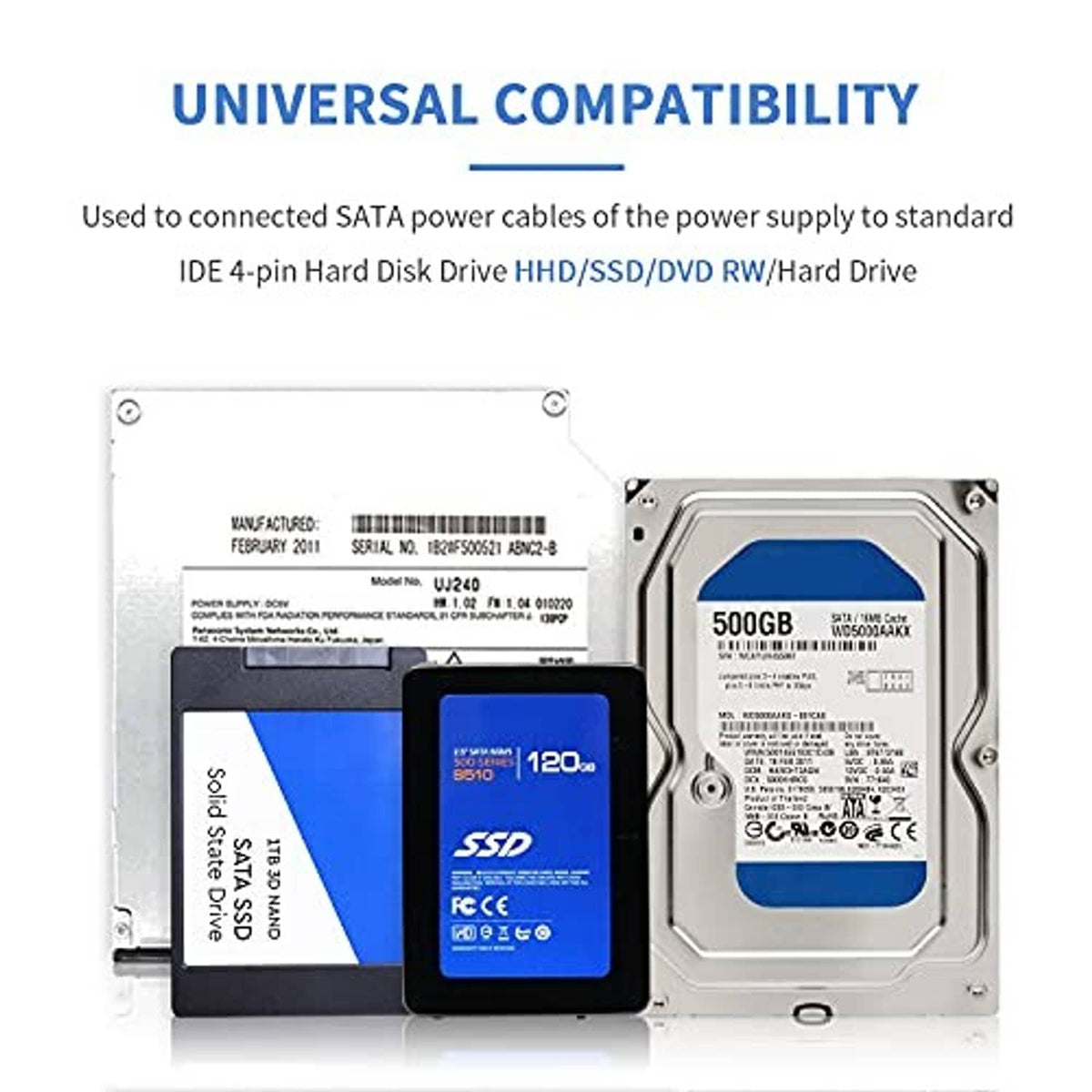 SATA power adapter used with HDD and SSD drives, black connector housing