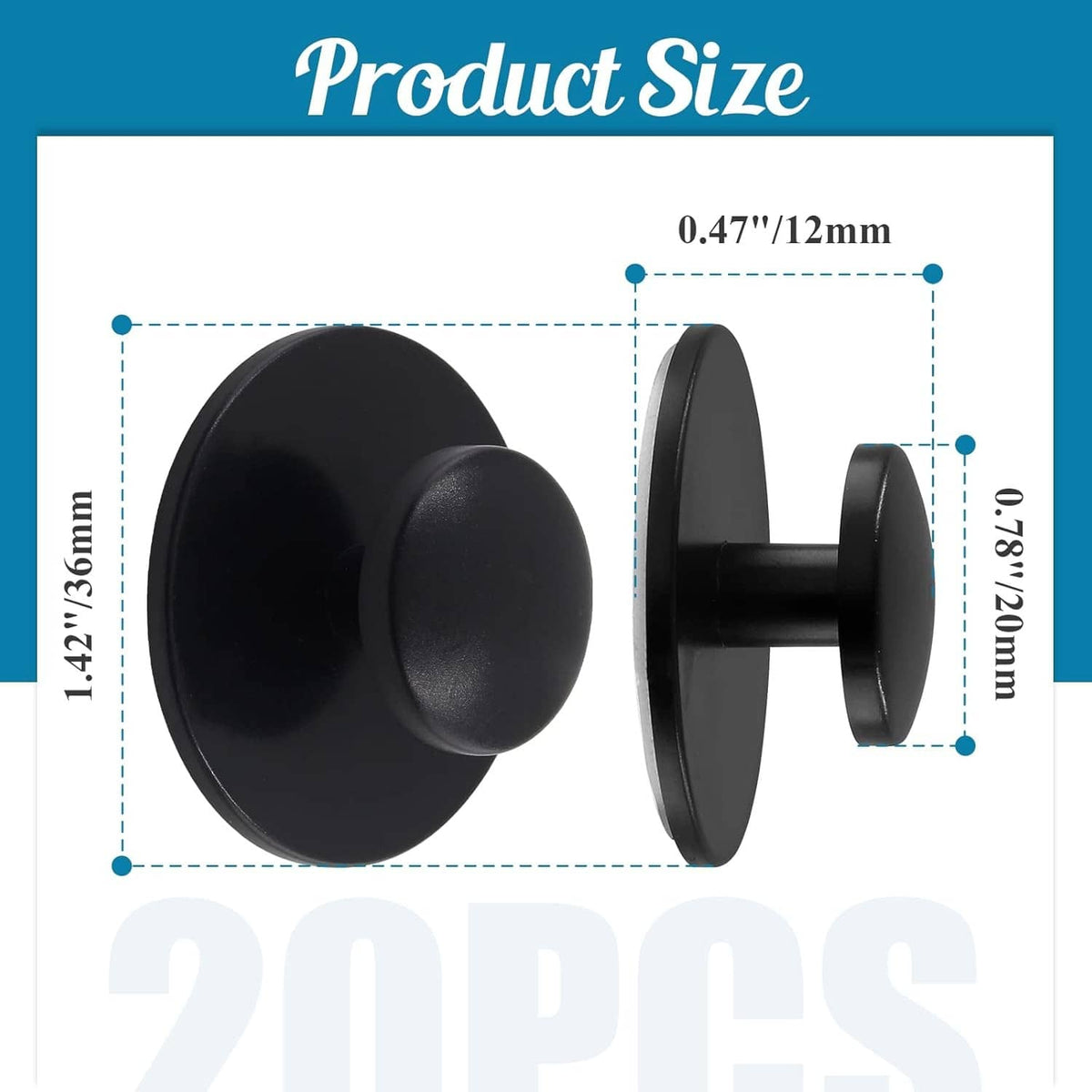 Matte black self-stick cabinet knob dimensions diagram with side profile