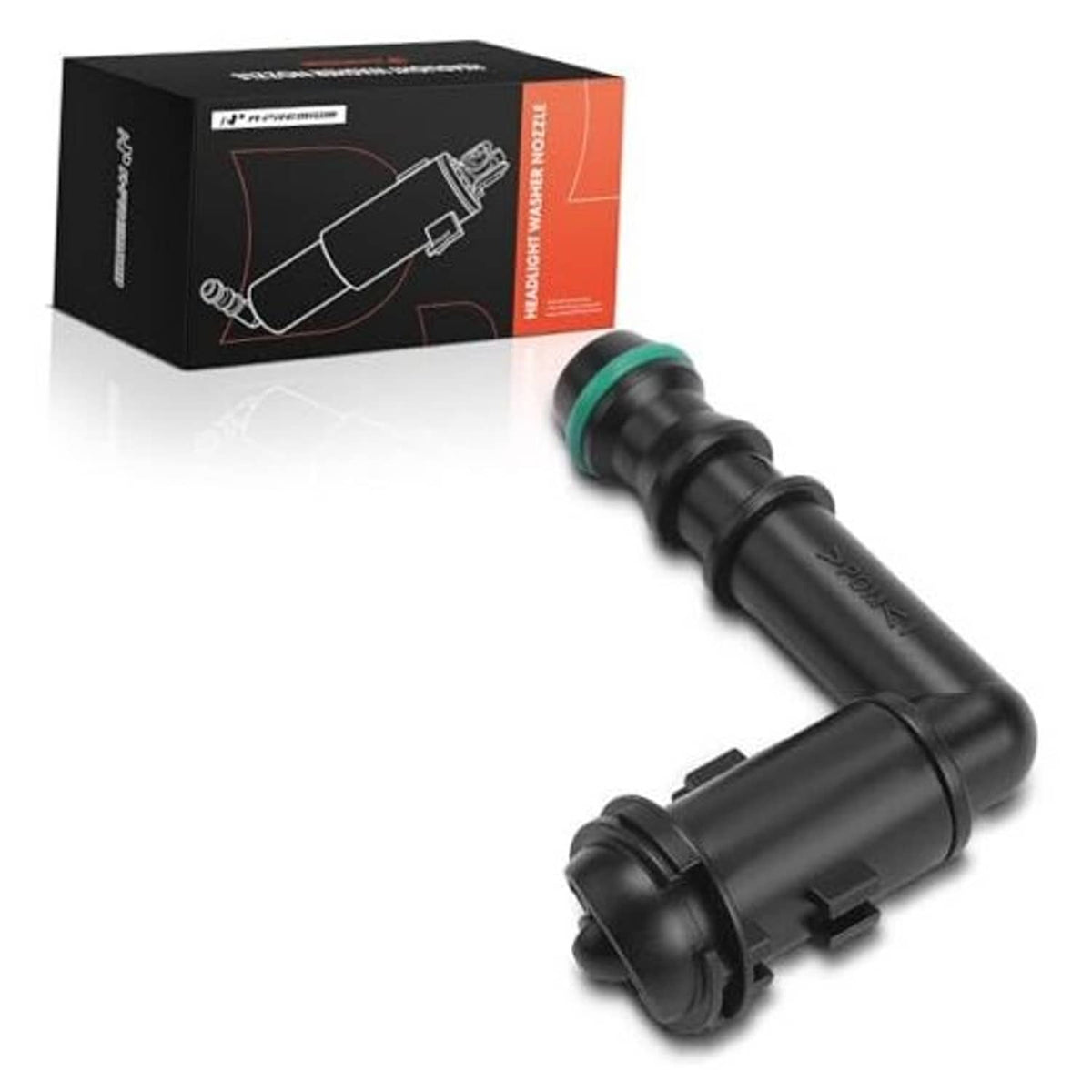Headlight washer nozzle in retail box, black plastic part with green seal ring