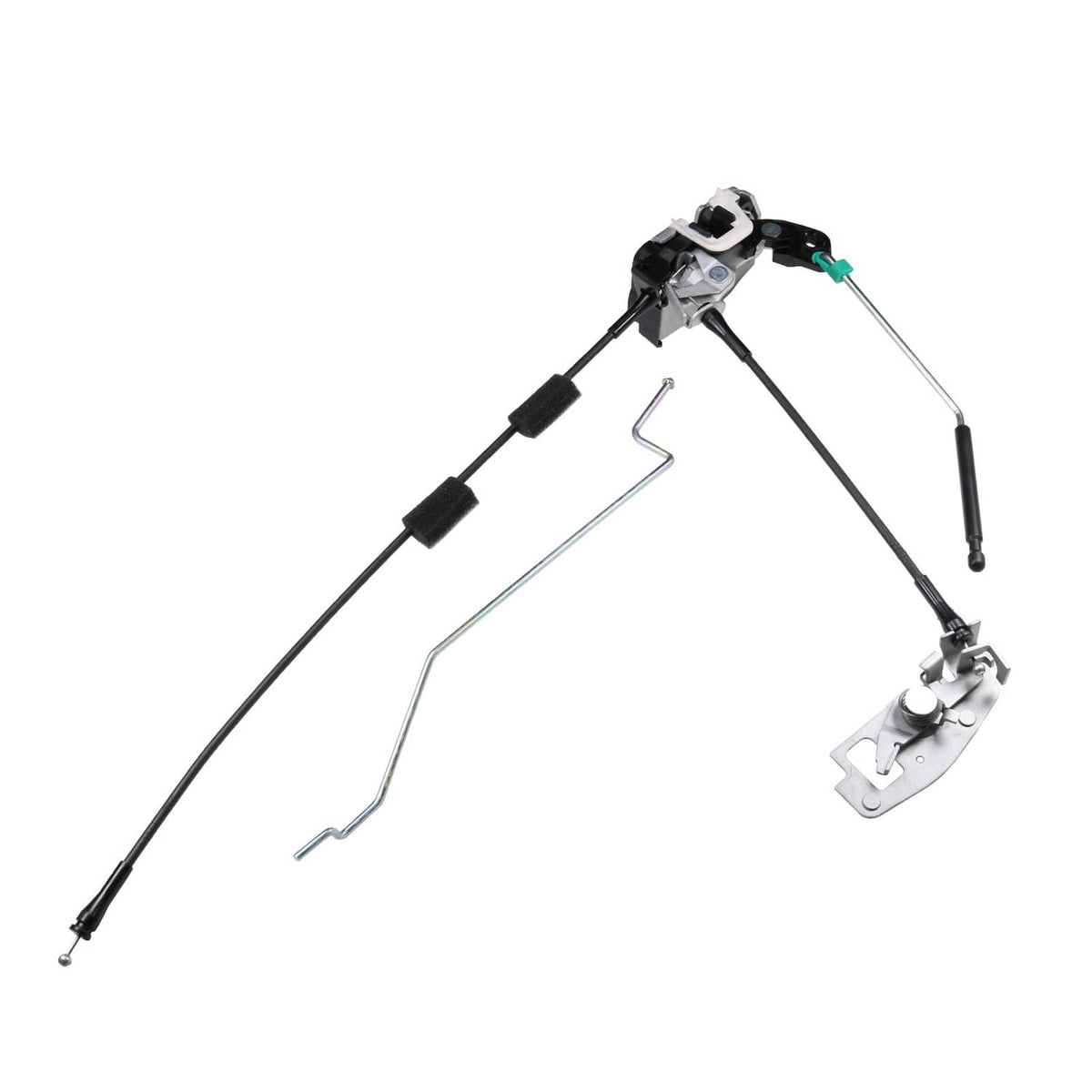 Rear cargo door latch assembly with metal actuator and long cable link, right side