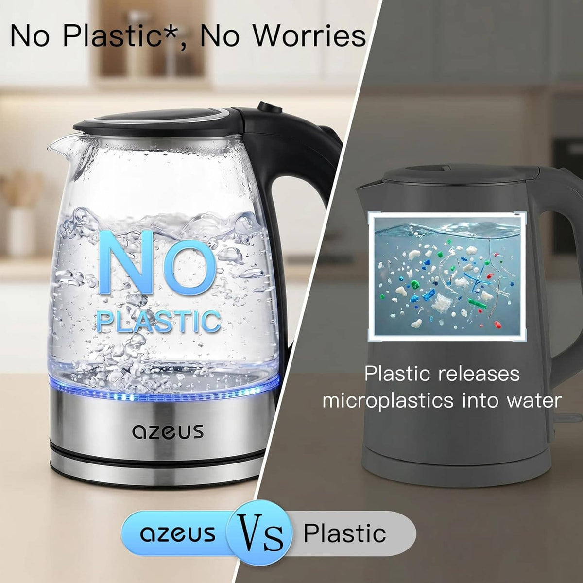 Electric kettle comparison view: clear glass kettle with blue water ring beside dark kettle