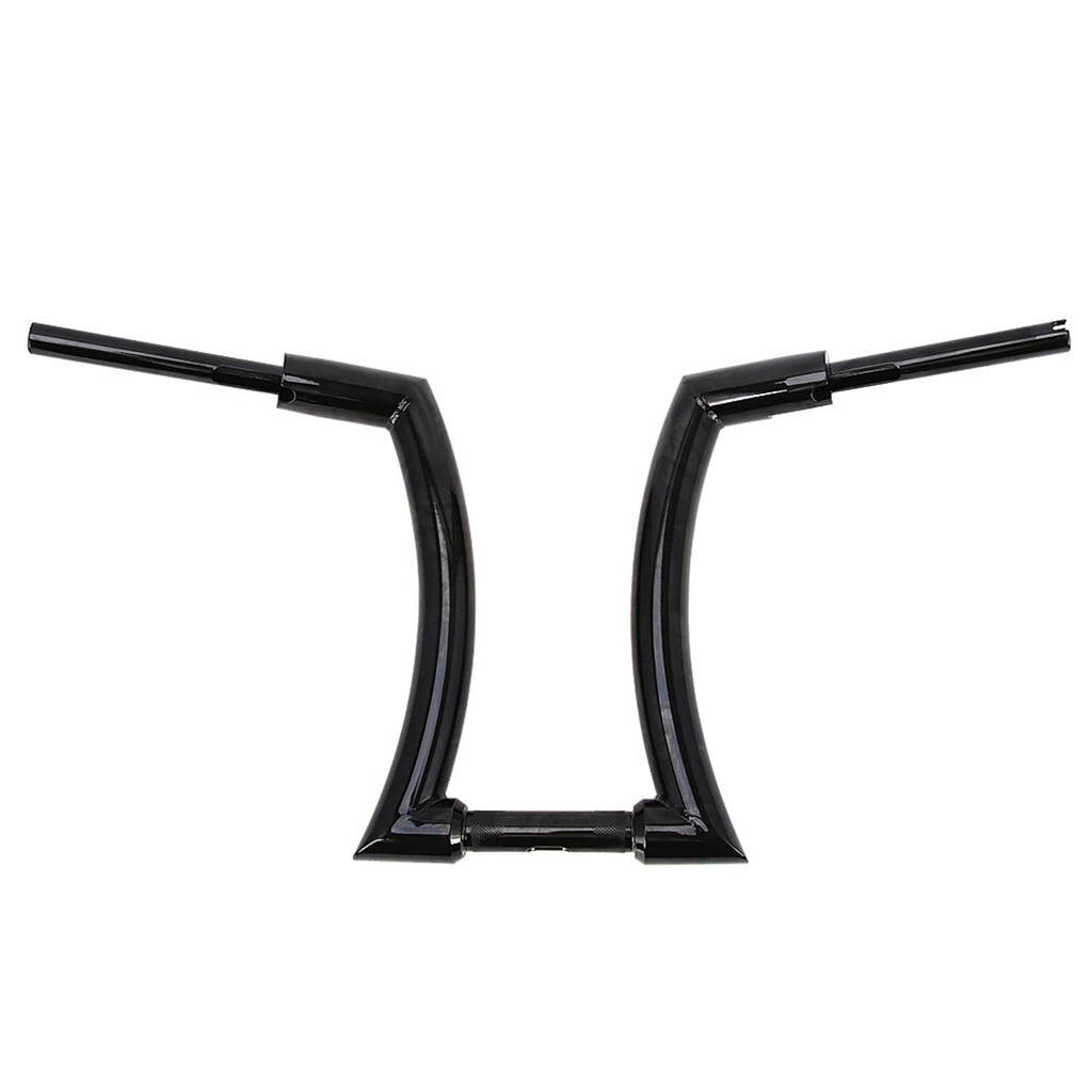 Black ape-hanger motorcycle handlebars with squared top edges and end tubes