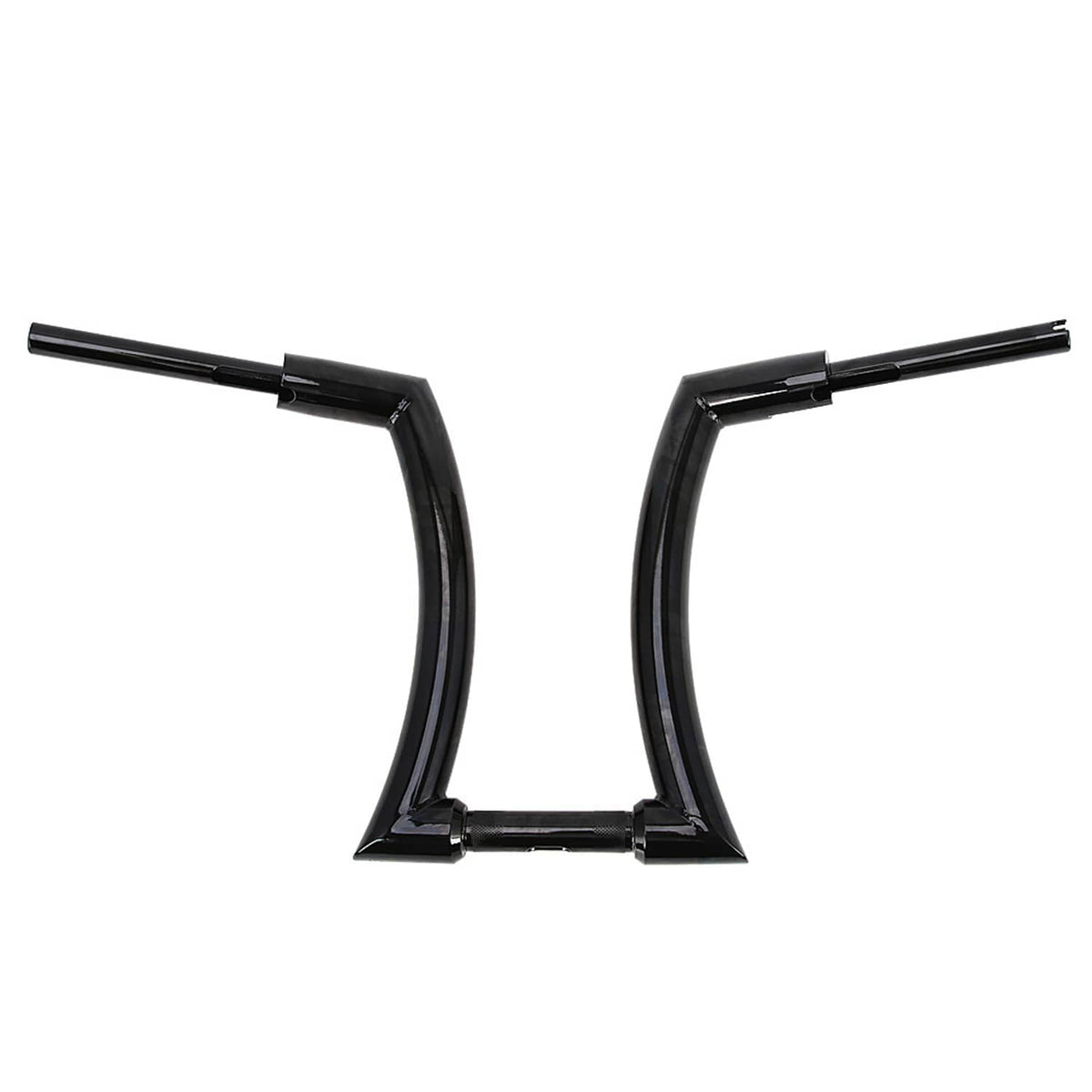 Black ape-hanger motorcycle handlebars with squared top edges and end tubes