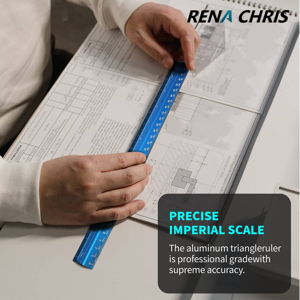 Hands using a blue triangular aluminum scale ruler on architectural drawings