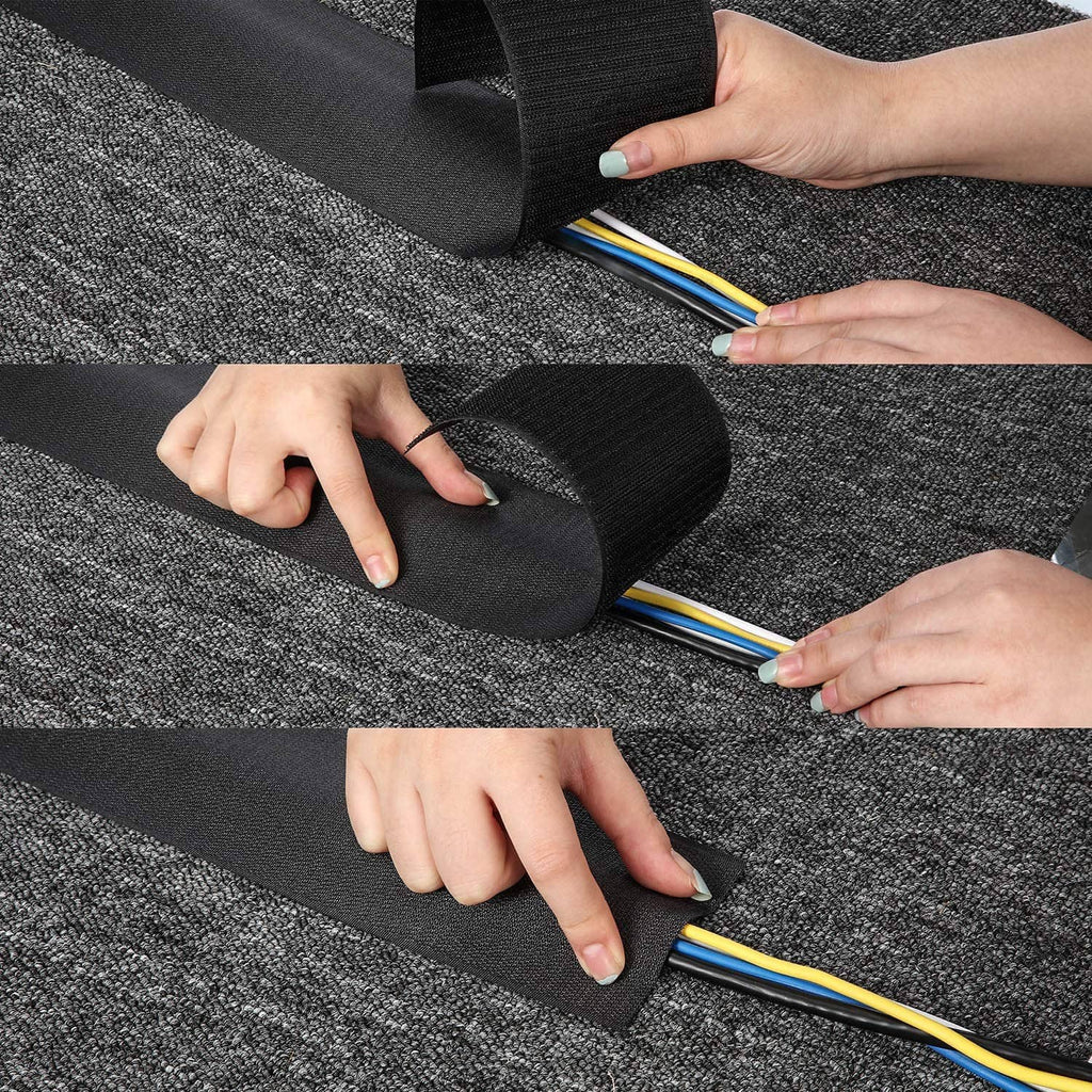 Black cord cover strip being fitted over cables on carpet, hands press into place