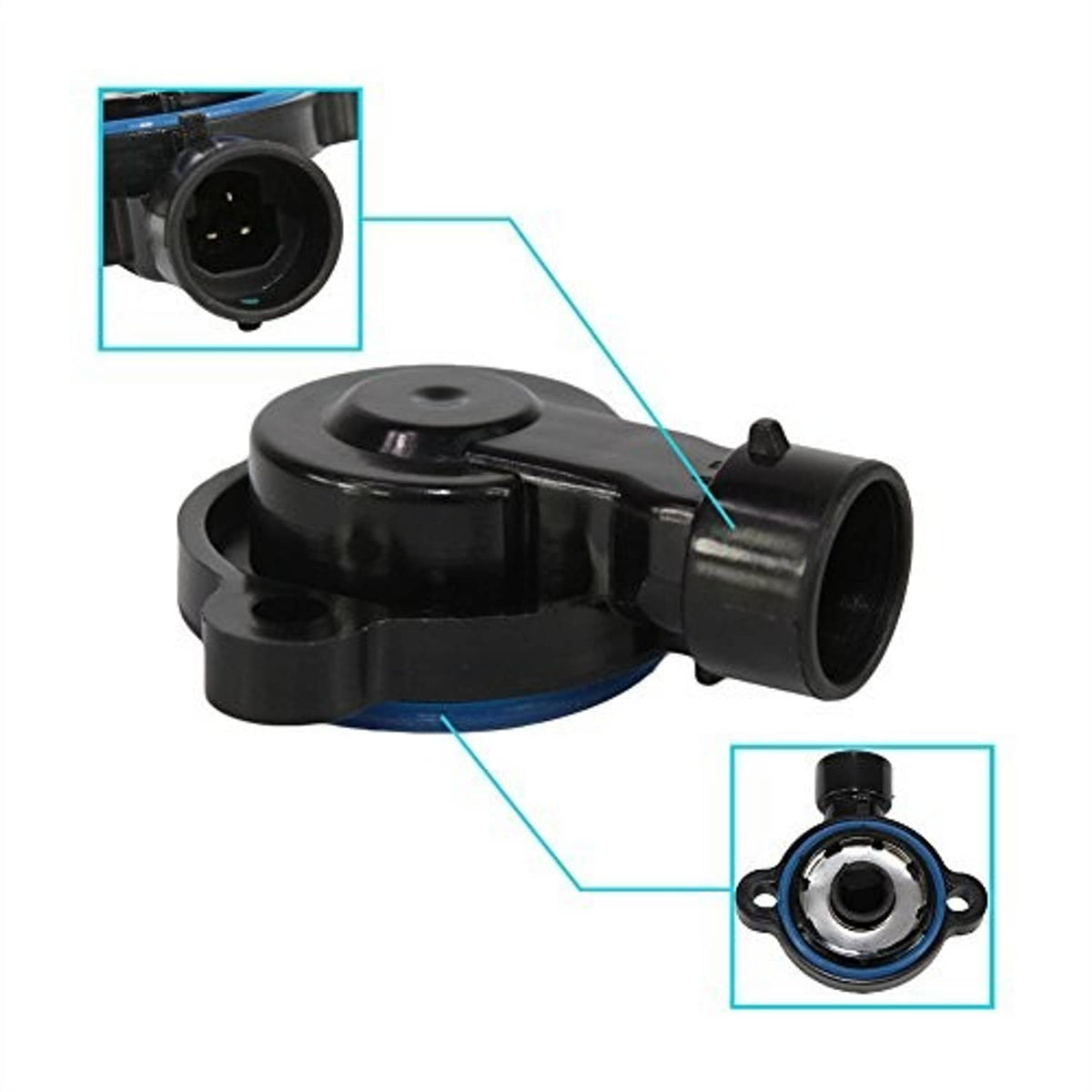 Black throttle position sensor with blue ring and view of circular electrical connector
