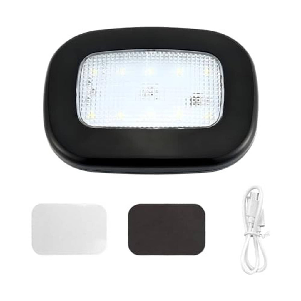 Black dome LED ceiling light with white lens, adhesive pads, and USB charging cable