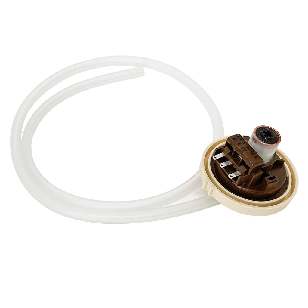 Washer water level pressure sensor switch with dark brown housing and white hose
